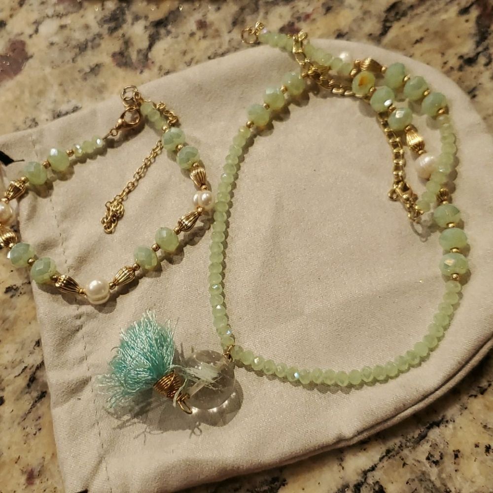 Jade Green Beaded Necklace Bracelet Set Pearl Gold Accent Crystal Tassel Jewelry